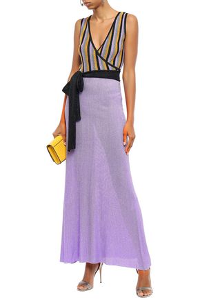 Just Cavalli Wrap-effect Striped Metallic Ribbed-knit Maxi Dress In Lavender