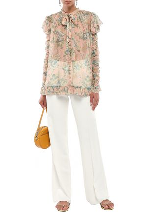 Zimmermann Pussy-bow Ruched Floral-print Silk-georgette Blouse In Peach