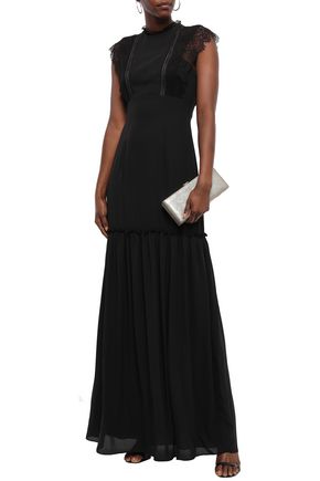 MIKAEL AGHAL LACE-TRIMMED GATHERED CREPE DE CHINE GOWN,3074457345620976816