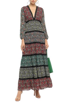 ALICE AND OLIVIA TIERED LACE-TRIMMED PRINTED CREPE MAXI DRESS,3074457345621165660