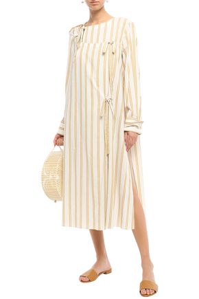 Oscar De La Renta Striped Cotton And Ramie-blend Midi Wrap Dress In Marigold