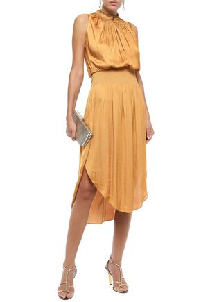 Click to view more detailed imagery on our partner's website Halston Heritage Woman Shirred Gathered Satin Dress Mustard