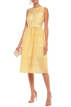 Click to view more detailed imagery on our partner's website Halston Heritage Woman Gathered Striped Organza-Jacquard Midi Dress Yellow