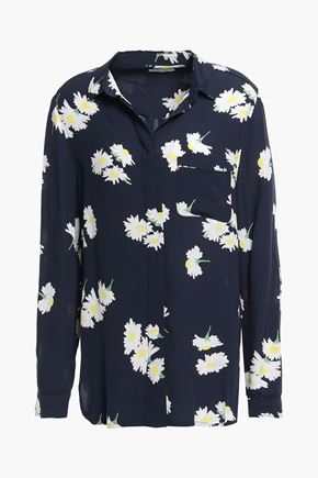 Ganni Silvery Floral-print Crepe Shirt In Navy