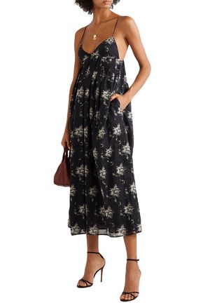 Brock Collection Pleated Floral-print Cotton-gauze Midi Dress In Black