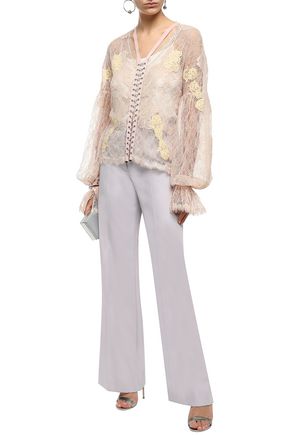 Jonathan Simkhai Ring-embellished Faux Suede-trimmed Corded Lace Blouse In Peach