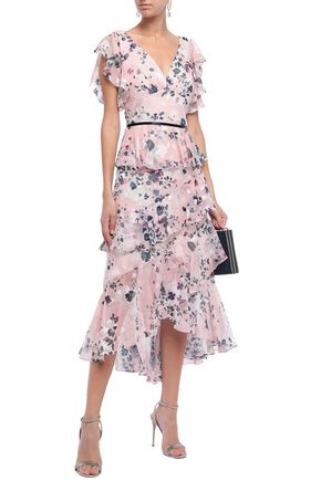 Marchesa Notte Tiered Satin-trimmed Floral-print Fil Coupé Dress In Blush