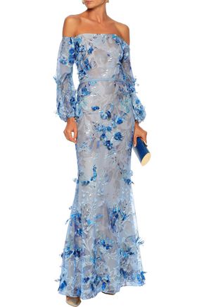 Click to view more detailed imagery on our partner's website Marchesa Notte Woman Off-The-Shoulder Floral-AppliquéD Embroidered Tulle Gown Light Blue