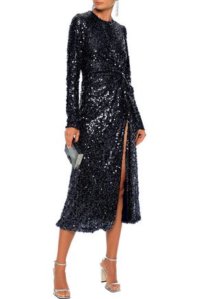 Galvan  London Paillette Twisted Sequined Lamé Midi Dress In Midnight Blue