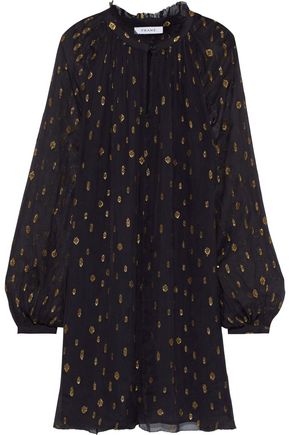 FRAME Gathered metallic fil coupé chiffon mini dress