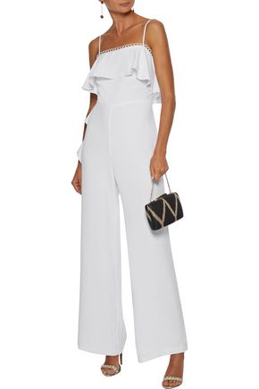 Shop Monique Lhuillier Ruffled Crepe Jumpsuit In White