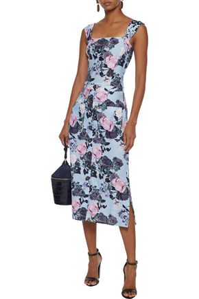 Nicholas Belted Floral-print Linen Midi Skirt In Sky Blue