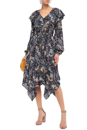 Walter Baker Angelo Asymmetric Ruffle-trimmed Printed Crepe Dress In Navy