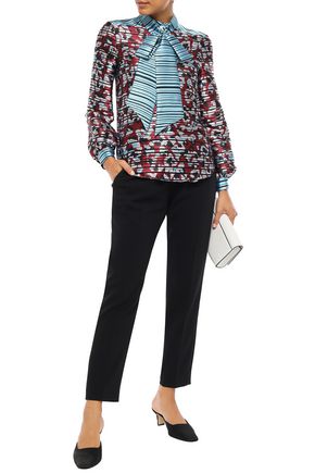 MARY KATRANTZOU MARY KATRANTZOU WOMAN VEDDER PUSSY-BOW PRINTED BURNOUT SATIN BLOUSE BURGUNDY,3074457345621370765