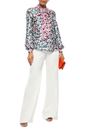 Mary Katrantzou Vedder Pussy-bow Printed  Burnout Satin Blouse In Teal