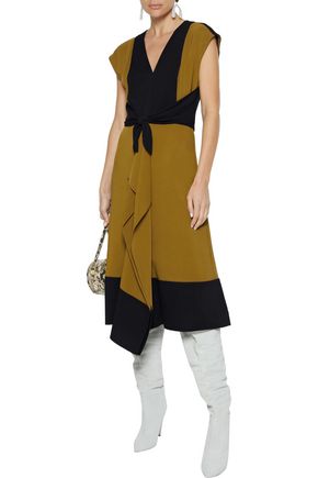 PROENZA SCHOULER CADY-PANELED DRAPED KNOTTED TWO-TONE CREPE DRESS,3074457345621348884