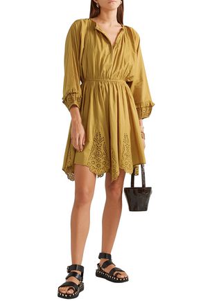 Apiece Apart Vereda Broderie Anglaise-trimmed Gathered Cotton Mini Dress In Mustard