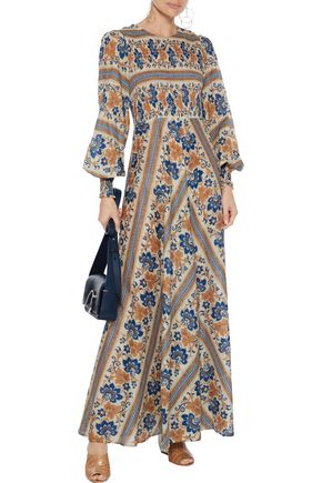 Zimmermann Castile Shirred Printed Linen And Cotton-blend Maxi Dress In Light Brown