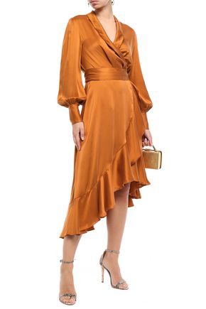 Zimmermann Asymmetric Ruffled Washed-silk Wrap Dress In Copper | ModeSens Zimmermann Asymmetric Ruffled Washed-silk Wrap Dress In Copper | ModeSens