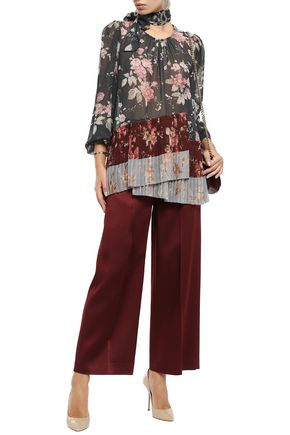 Zimmermann Tie-neck Pleated Floral-print Georgette Blouse In Charcoal