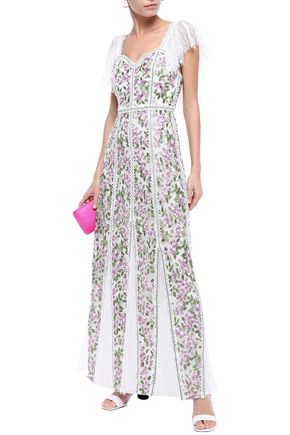 ALICE AND OLIVIA LACE AND VELVET-TRIMMED EMBROIDERED TULLE MAXI DRESS,3074457345621423686