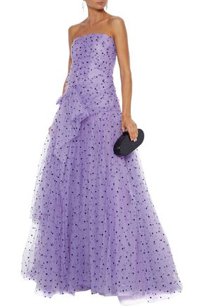 Carolina Herrera Strapless Draped Flocked Tulle Gown In Lilac
