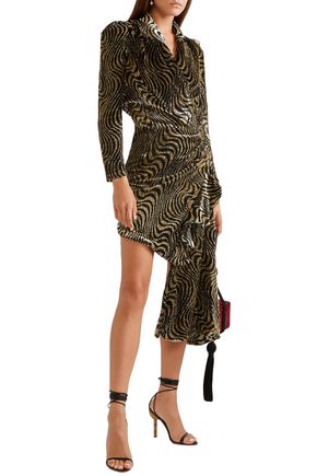 Shop Dodo Bar Or Wrap-effect Ruched Metallic Velvet-jacquard Mini Dress In Gold