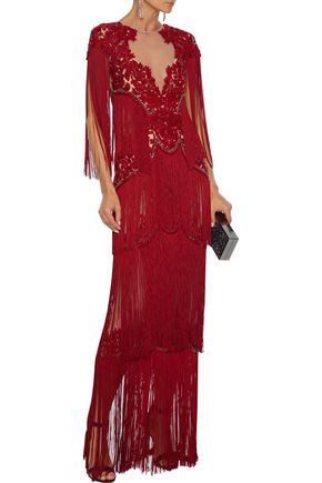 MARCHESA TIERED FRINGED EMBELLISHED TULLE GOWN,3074457345621494824