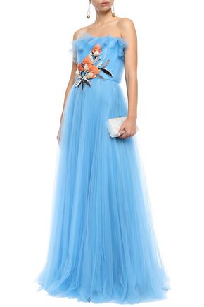 Carolina Herrera Strapless Ruffle-trimmed Gathered Embellished Tulle Gown In Azure
