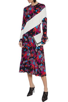 Givenchy Floral Asymmetric-striped Long-sleeve Midi Dress In Multicolor