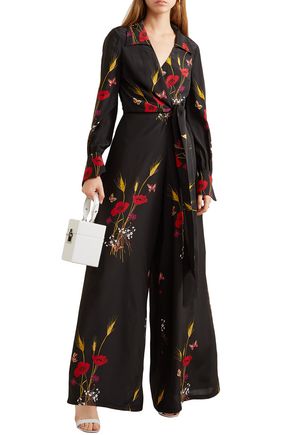 Shop Valentino Wrap-effect Printed Silk-georgette Jumpsuit In Black