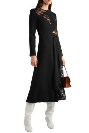 Givenchy Cutout Paneled Wool-crepe, Silk Crepe De Chine And Leavers Lace Midi Dress In Black