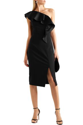 Shop Michael Kors One-shoulder Ruffled Wool-blend Crepe Dress In Black