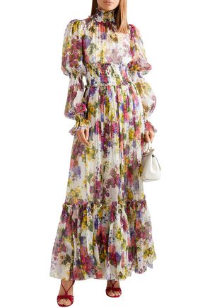 Dolce & Gabbana Shirred Floral-print Silk-chiffon Maxi Dress In Ivory