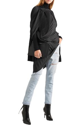 Junya Watanabe Asymmetric Pleated Pinstriped Wool-blend Tunic In Black
