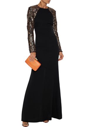 Shop Rachel Zoe Miabella Sequin-embellished Tulle-paneled Crepe Gown In Black