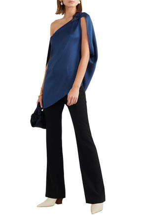 Shop Roland Mouret Hopewell One-shoulder Sequin-embellished Hammered Silk-blend Satin Top In Indigo