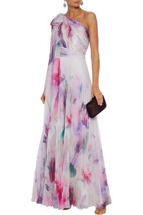 MARCHESA NOTTE ONE-SHOULDER PLEATED TIE-DYED CHIFFON GOWN,3074457345621670027