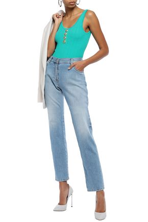 Balmain Woman Button-embellished Pointelle-knit Bodysuit Turquoise