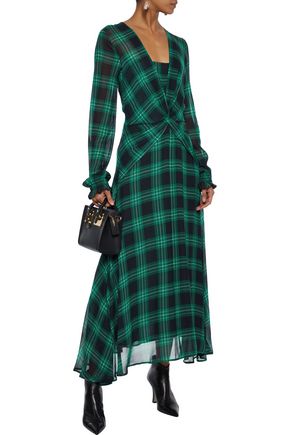 Ainea Twist-front Checked Georgette Maxi Dress In Green