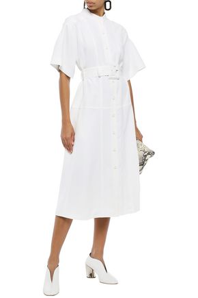 PROENZA SCHOULER BELTED FLARED CRINKLED-WOVEN MIDI DRESS,3074457345621761878