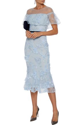Marchesa Notte Embellished Tulle Midi Dress In Light Blue | ModeSens