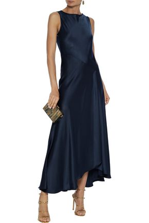 Amanda Wakeley Asymmetric Wrap-effect Satin-crepe Maxi Dress In Midnight Blue