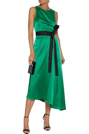 Amanda Wakeley Asymmetric Wrap-effect Satin Midi Dress In Emerald