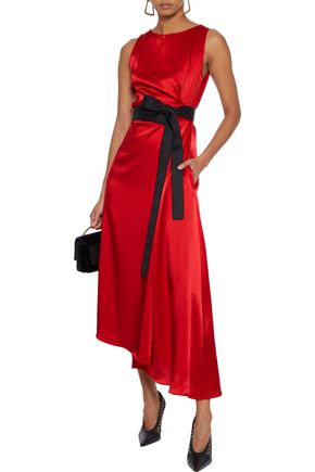 Amanda Wakeley Asymmetric Wrap-effect Satin Midi Dress In Red