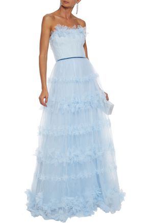 Marchesa Notte Strapless Floral appliqued Pleated Tulle Gown In Light Blue ModeSens