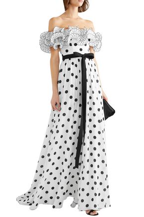 ANDREW GN OFF-THE-SHOULDER RUFFLED POLKA-DOT SILK CREPE DE CHINE GOWN,3074457345621740183