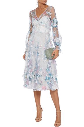 Marchesa Notte Ruffled Embroidered Floral-print Tulle Dress In Ivory