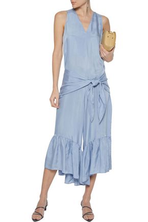 Tibi Cropped Tie-front Satin-twill Wide-leg Jumpsuit In Blue