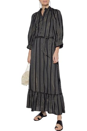 Antik Batik Meeti Belted Metallic Striped Georgette Maxi Dress In Black